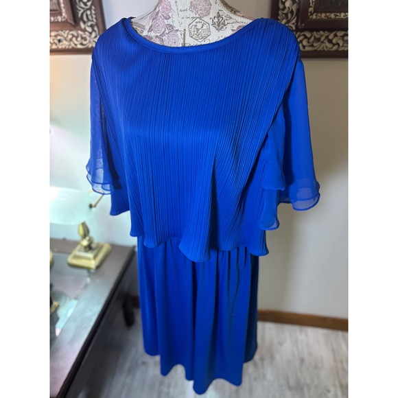 Vintage Royal Blue Dress Pleated Cape Overlay Tie Waist Occasion Party 18/20 - Picture 6 of 10